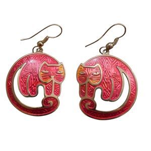 Vintage Beribi Cat Earrings Red Enamel Silver Dangle Signed 1.25